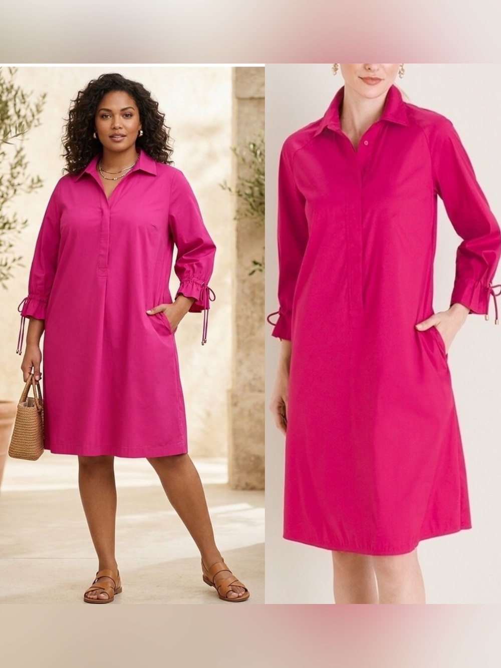 Chicos Pink Cotton Blend Shirt Dress Fuchsia Ruffle Sleeve Pocket SZ 2- 12/14